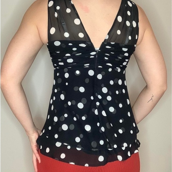 Vintage🧚♀️ Bellissima Black/White Y2K Polka Dot Bodydoll Blouse Size 12 - Picture 4 of 17